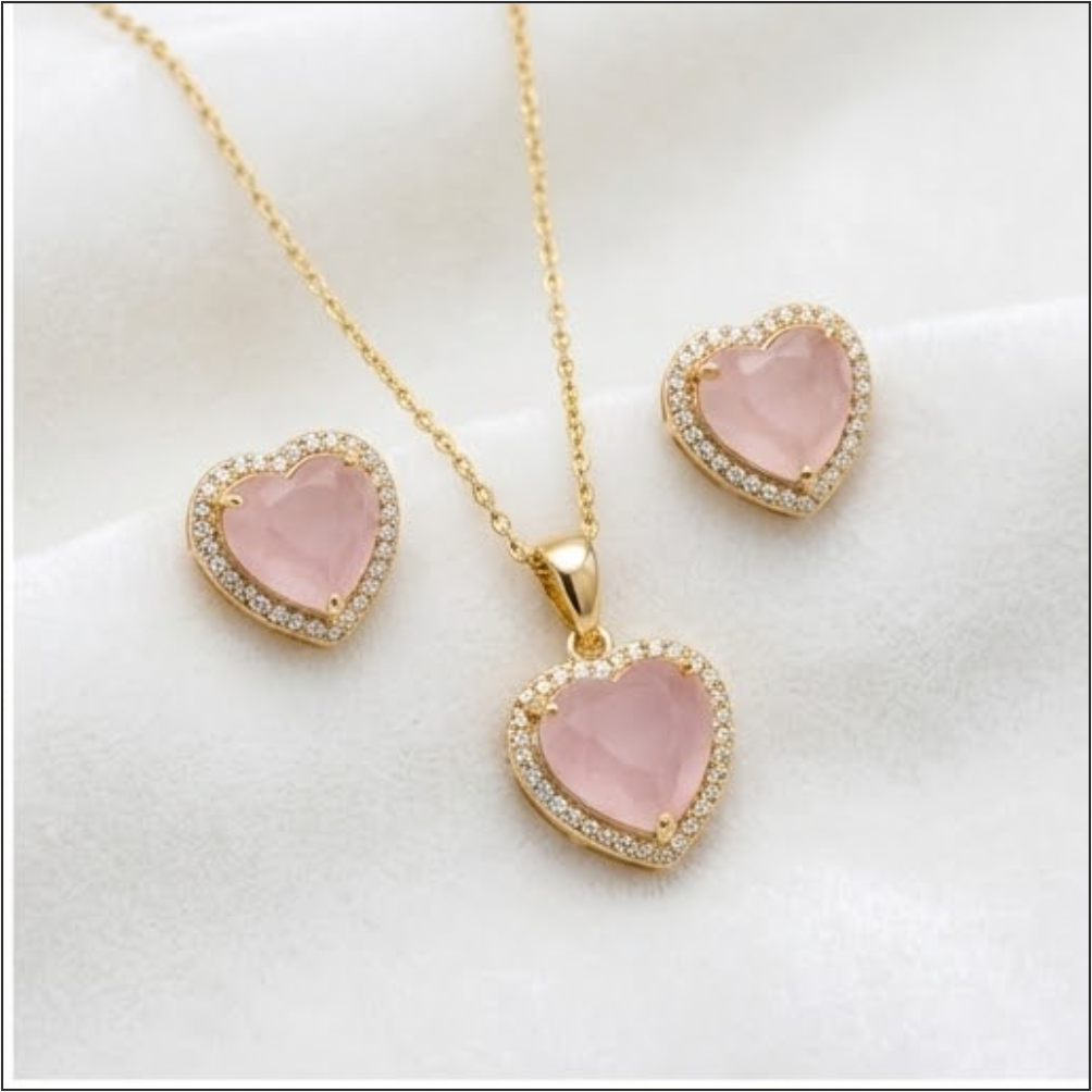 Gold Pink Heart Pendant & Stud Set
