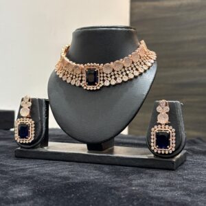Elegant Rose Gold AD Choker Set with Sapphire Blue Stone
