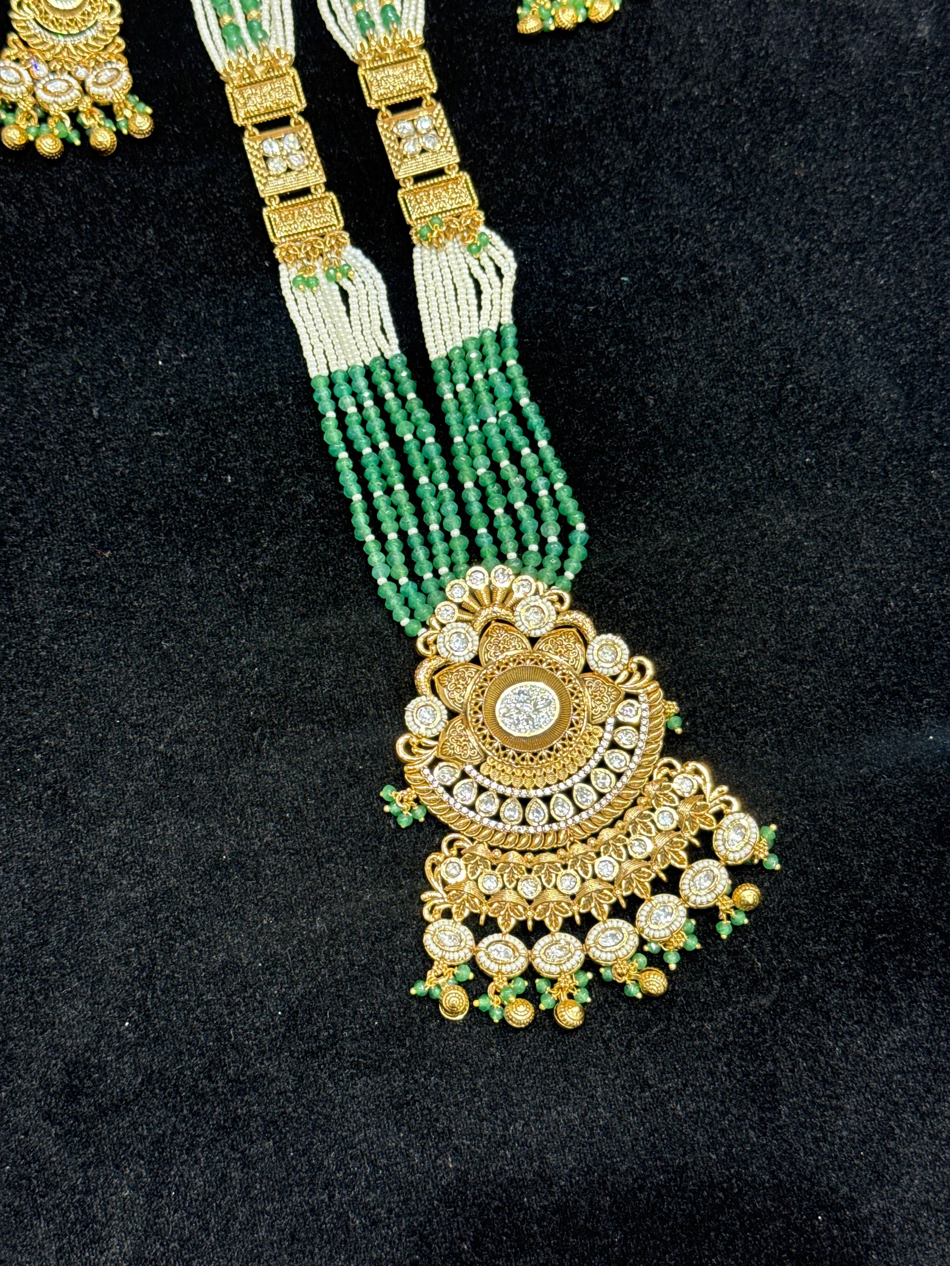 Layered Pearl & Emerald Green Beaded Rani Haar with Pendant